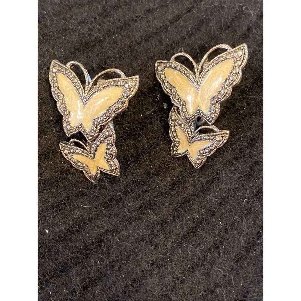 Vintage Avon Silver Tone Cream Enamel and Faux Marcasite Butterfly Clip Earrings